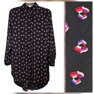 Gianni Bini Black Chiffon Button Down Long Sleeve Tunic Geometric Pattern Blouse